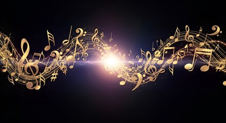 Golden musical notes flowing in harmony with sparkling lights against dark backdrop