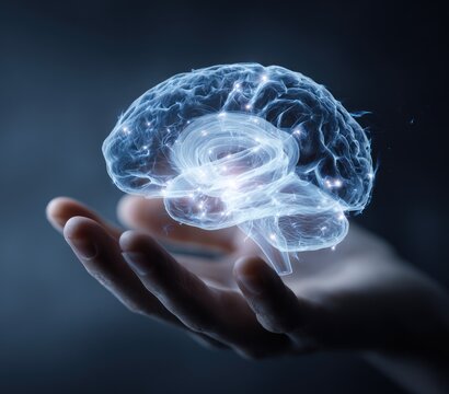 Glowing holographic brain model held in a human hand against dark background. - Powered by Adobe