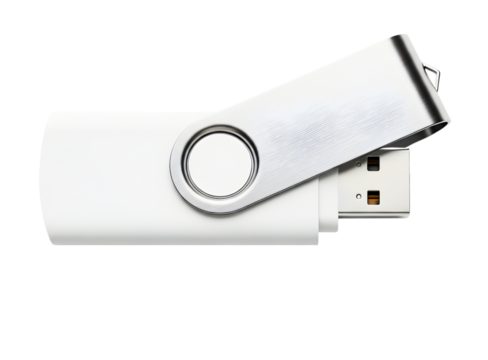 White usb flash drive with rotating cap isolated on transparent background