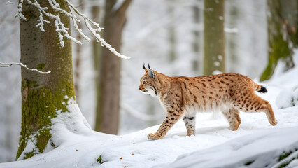 Lynx in winter walks in snowy beech forest
