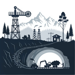Coal mine scene with machinery, workers, and mountains in blue and grey tones Keywords: coal mine, mining, industry, silhouette, mountains, trees, crane, truck, train, tunnel, workers, equipment