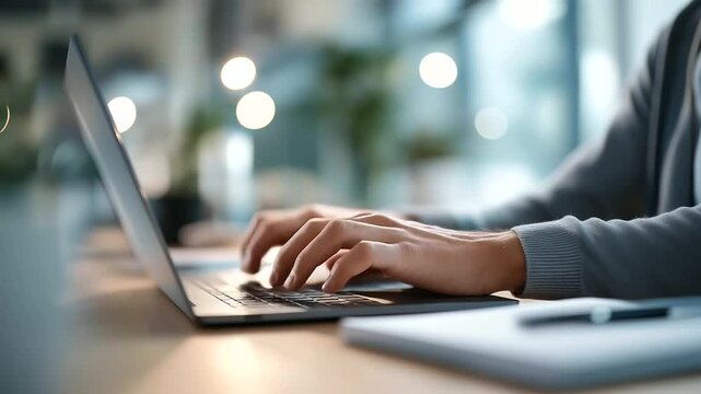 Faceless over shoulder scene of a business professional typing on a slim laptop hands centered on keyboard cursor blinking in a blank document soft window light background