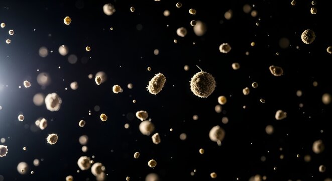 Abstract representation of airborne particles against a dark and black background