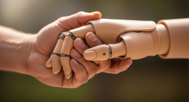 A human hand and a robotic hand engage in a firm handshake, symbolizing the evolving partnership and integration of artificial intelligence with human interaction and future technology
