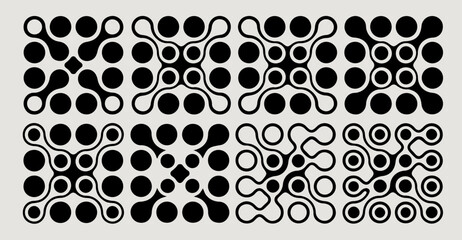 Vector illustration shows a modern, abstract pattern in a bold black and white palette. The design features interconnected metaball shapes and circles, creating a dynamic and organic visual effect.