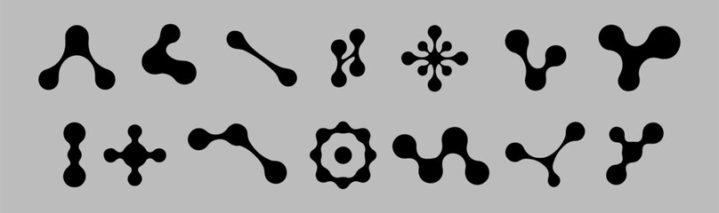 Metaball black shapes collection with organic connected elements. Minimalist molecular structures in grid pattern. Various node configurations from simple curved forms to complex symmetrical designs.