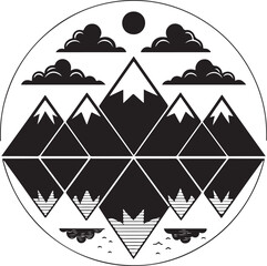 Circular geometric mountain range with clouds sun and water reflection landscape nature