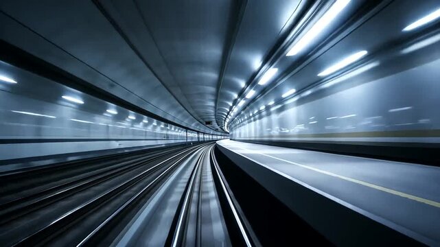 Fast moving train inside a blue gray tunnel with bright lights & parallel tracks