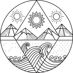 Circular line art with mountains, water, and three suns within a triangular and circular frame Keywords: mountains, water, sun, circle, triangle, line art, drawing, graphic, design, nature