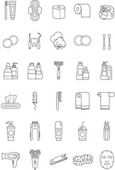 Collection of Bathroom Hygiene and Personal Care Icons Toothbrush Soap Shampoo Razor Towel Hair Dryer and Other Amenities