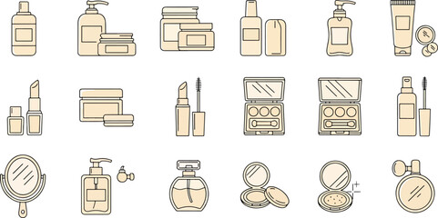 Collection of beauty and cosmetic product icons and illustrations including lipstick, mascara, perfume bottles, compact powder, and makeup palettes.