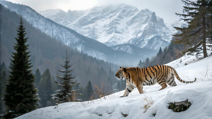 Tiger in the winter mountain. Wildlife scene from nature