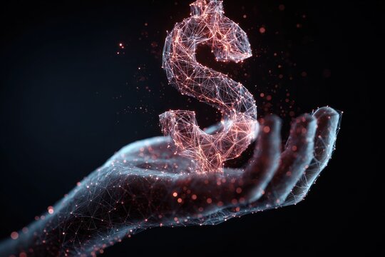 Glowing digital dollar sign floating above a connected hand structure.