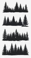 Collection of Black Silhouettes of Evergreen Pine Trees and Forests, Vector Graphics for Nature Scenes