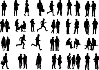 Collection of Black Silhouettes of People in Various Poses and Activities Demonstrating Business and Lifestyle Scenarios