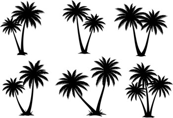 Collection of Black Silhouettes of Various Palm Trees on a White Background, Tropical Vector Graphics
