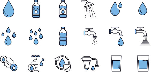 Collection of blue water icons, including drops, bottles, faucets, shower, filter, and glasses, representing clean water and hydration concepts.