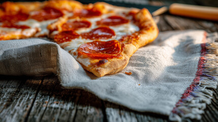 hunger. Delicious pepperoni pizza with melted mozzarella cheese on a rustic wooden surface. representing modern convenience, menu design, designed for food delivery and cloud-kitchen brand materials.