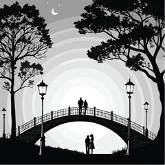 Couple on a bridge with trees and streetlights under a stylized moon and sun in grayscale Keywords: couple, bridge, park, moon, sun, trees, silhouette, lamps, streetlights, grayscale, monochrome