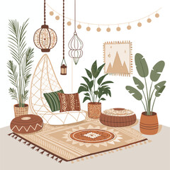 Cozy bohemian living room with hanging chair plants and patterned rugs Keywords: bohemian, boho, living room, interior, decor, hanging chair, macrame, plants, potted plants, rug, patterned rug