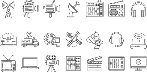 Collection of Broadcast Media and Communication Technology Icons Symbols Featuring Television Radio Cameras Satellite and Network Equipment