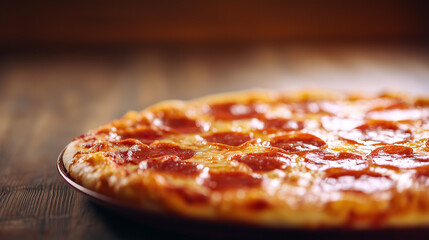 hunger. Delicious pepperoni pizza with melted mozzarella cheese on a rustic wooden surface. representing modern convenience, menu design, designed for food delivery and cloud-kitchen brand materials.