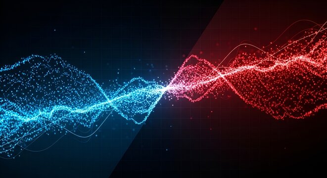 Abstract visualization of digital sound waves with blue and red energy fields