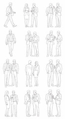 Collection of business people in formal attire interacting in various professional scenarios, line art illustration style