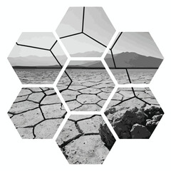 Cracked Earth Hexagonal Mosaic Landscape Panorama With Mountains And Sky Keywords: cracked earth, dry land, drought, desert, arid, landscape, panorama, mosaic, hexagonal, geometric, pattern