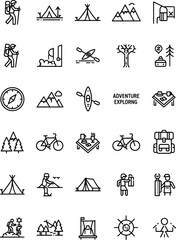 Collection of Camping and Outdoor Adventure Icons Featuring Hikers Tents Mountains Kayaks Bikes and Survival Gear for Travel Exploration