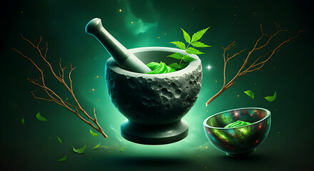 Ayurvedic medicine preparation with mortar pestle and natural ingredients
