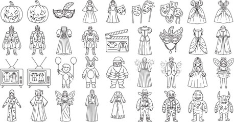 Collection of cartoon costume icons and symbols including Halloween pumpkins, knights, princesses, Santa, fairy, cowboy, and monsters for celebration designs