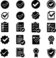 Collection of checkmark icons in various stylized designs including circles, starbursts, checklists, and badges for verification and approval concepts