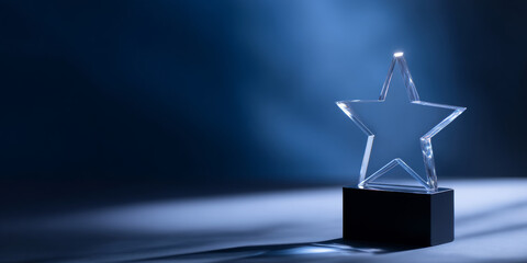 A glass star award on a black pedestal with blue lighting in the background