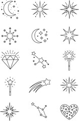 Collection of Celestial and Magical Icons Featuring Moon, Stars, Shooting Stars, Constellations, Diamond, and Sparkles Simple Line Art for Design