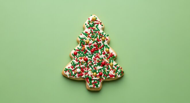Christmas Tree Cookie on Green Background Festive Celebration