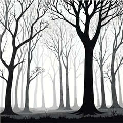 Dense forest of bare trees in grayscale with fog and dark foreground branches winter