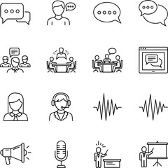 Collection of communication and business icons, including speech bubbles, people talking, meetings, and presentations, for digital and graphic design