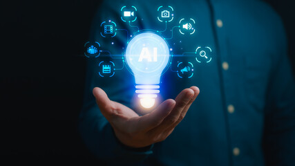 Artificial intelligence innovation concept showing glowing AI light bulb above human hand, symbolizing digital technology, automation, data science, and smart future ideas in business.
