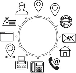 Collection of contact and communication icons arranged around a central circle for business and networking ideas
