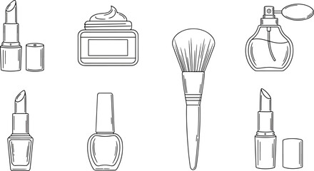 Collection of cosmetic beauty products line art icons set including lipstick, cream jar, perfume bottle, makeup brush, and nail polish