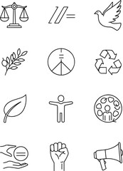 Collection of conceptual line icons representing social justice, peace, human rights, environmentalism, and equality symbols