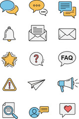 Collection of communication and notification icons including chat bubbles, email, bell, question mark, megaphone, and search symbol