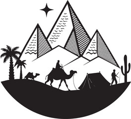 Desert Caravan Scene with Pyramids Camel Rider Tent and Palm Trees Keywords: desert, caravan, camel, rider, tent, pyramids, palm trees, cactus, landscape, silhouette, travel, adventure, journey
