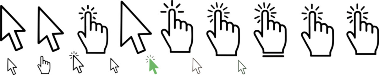 Collection of Cursor Icons including Arrow Pointer and Hand Pointer with Click Animation and different styles for web and digital interfaces
