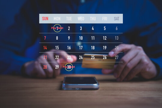 Financial planning concept showing person holding credit card with digital calendar marked Pay debt, symbolizing bill payment reminders, debt management, and personal finance scheduling.