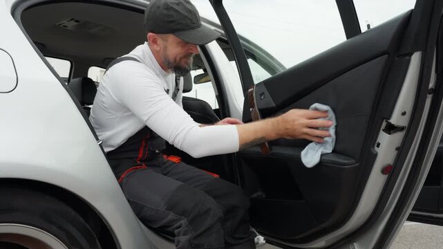 Car detailer polishing black leather door panel with microfiber cloth inside high-end vehicle, ensuring spotless finish as part of full interior detailing service