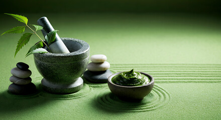 Natural Alternative Medicine with Stones and Herbs on Green Background