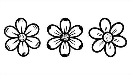 Three simple black line art flowers with dotted centers and striped petals on a white background floral