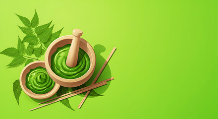 Neem ayurvedic medicine illustration with pestle mortar leaves and paste backdrop